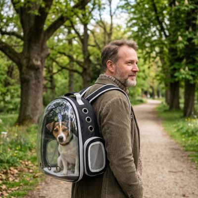 Sac à dos Glassy maître en randonnée avec son Jack Russell dans le sac à dos noir sans coque