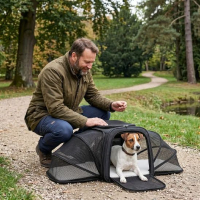 Sac de transport de chien Extension Maître rassurant son Jack Russell couché dans le sac noir