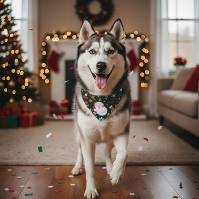 Bandana Chien Noël Husky debout avec le bandana vert