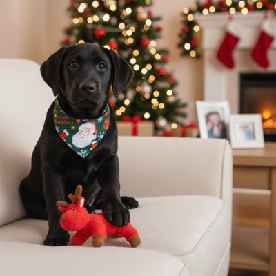 Bandana Chien Noël Labrador noir assis sur le sofa avec le bandana vert