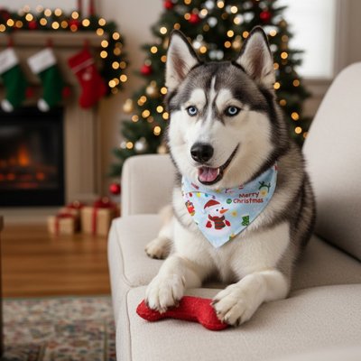 Bandana Chien Noël Petit Husky coucher sur le sofa avec le bandana bleu