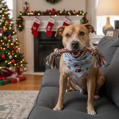 Bandana Chien Noël Pittbull terrier assis sur le sofa avec le bandana bleu