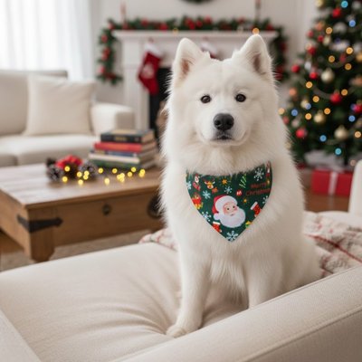 Bandana Chien Noël Samoyède assis sur le sofa avec le bandana vert