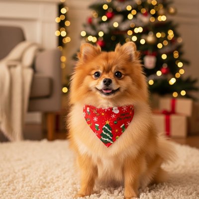 Bandana Chien Sapinous Poménarien assis avec le bandana à son cou