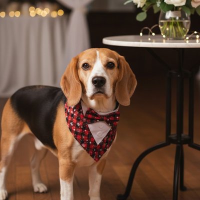 Bandana Chien Toxedo Beagle portant le bandana Flocon rouge
