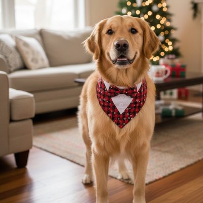 Bandana Chien Toxedo Labrador portant le bandana Flocon rouge