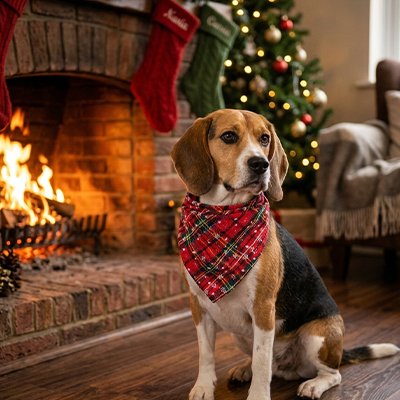 Bandana pour Chien Beagel assis devant un foyer avec le bandana à son cou