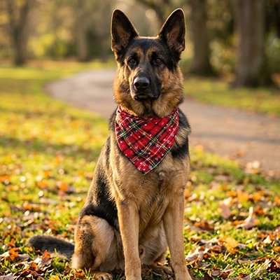 Bandana pour Chien Berger Allemand assis dehors avec le bandana à son cou