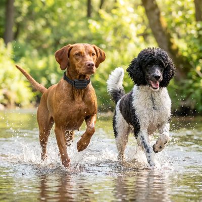 chien collier de dressage-Aboistop 2 chiens courant dans l'eau