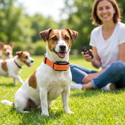chien collier dressage Correcto Jack Russell assis au parc