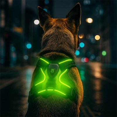 Chien harnais Luminos Berger Allemand assis de dos dans la rue couleur verte