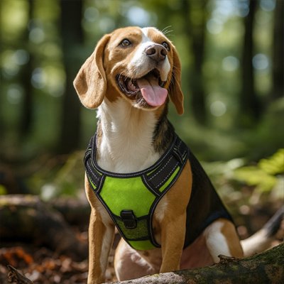 Chien harnais Luminos beagle dans la forêt couleur verte