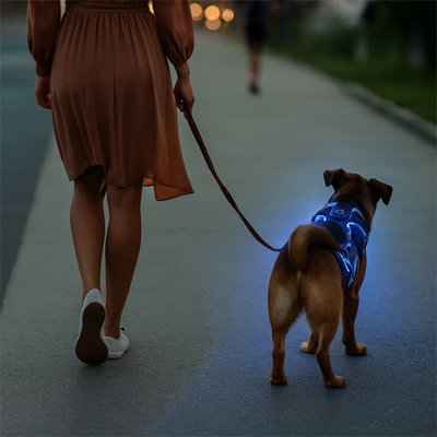 Chien harnais Luminos  petit chien marche avec sa maîtresse sur le trottoir couleur bleu