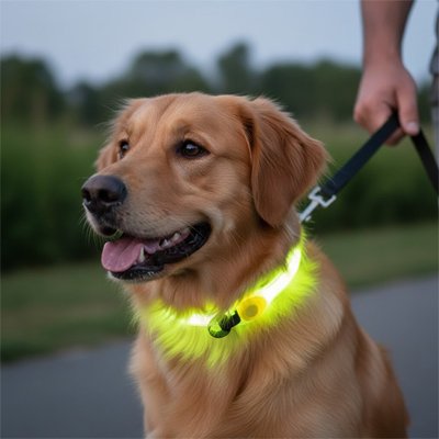 Collier chien lumineux Halo Labrador blond assis avec le collier jaune