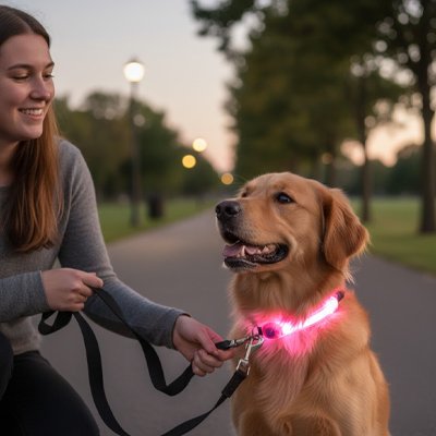 Collier chien lumineux Halo Labrador blond avec sa maîtresse dans un parc avec le collier rose