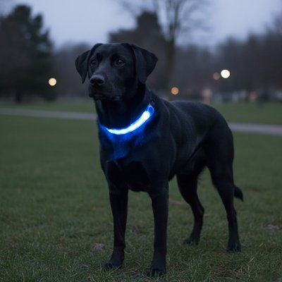 Collier chien lumineux Halo Labrador noir dans un parc avec le collier bleu