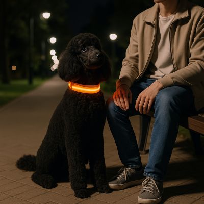 Collier lumineux chien Flash Caniche noir assis à côté de son maître portant le collier orange