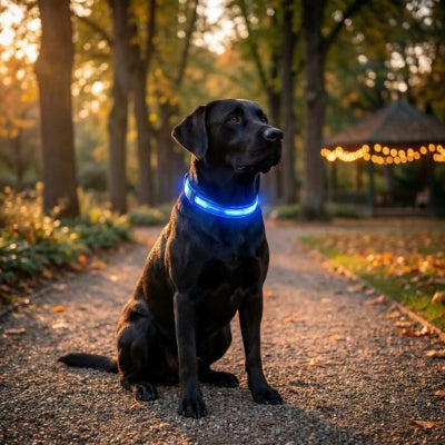 Collier lumineux chien Flash Labrador noir assis dans un sentier portant le collier bleu