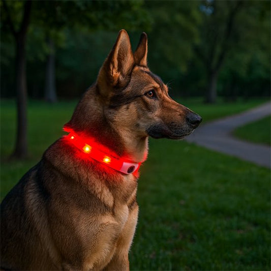 Collier lumineux pour chien SafeNight Berger Allemand assis sur la pelouse avec un collier rouge