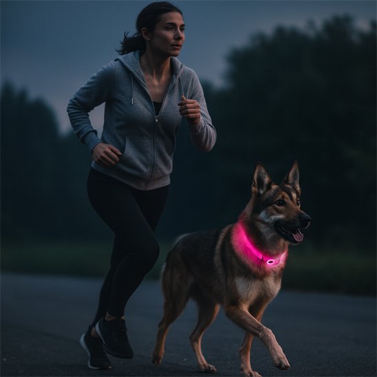 Collier lumineux pour chien SafeNight Berger allemand cours avec sa maîtresse avec le collier rose