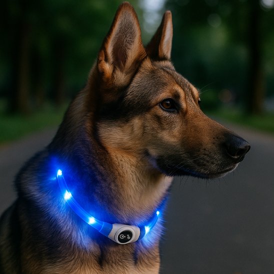 Collier lumineux pour chien SafeNight Berger assis avec un collier lumineux bleu