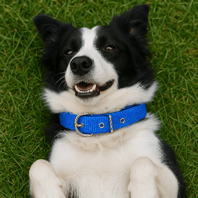 Collier pour chien Azis Border Collie coucher sur le dos avec le collier bleu