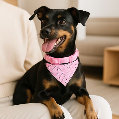 Collier pour chien Foulang Pinscher assis sur les genoux de sa maîtresse avec foulard rose