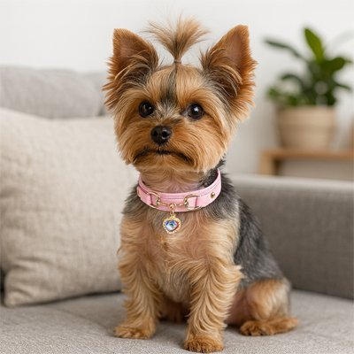 Collier pour chien Petit Coeur YorKshire avec le collier rose avec médaillon en coeur bleu