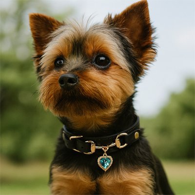 Collier pour chien Petit Coeur Yorkshire avec le collier noir avec médaillon en coeur bleu