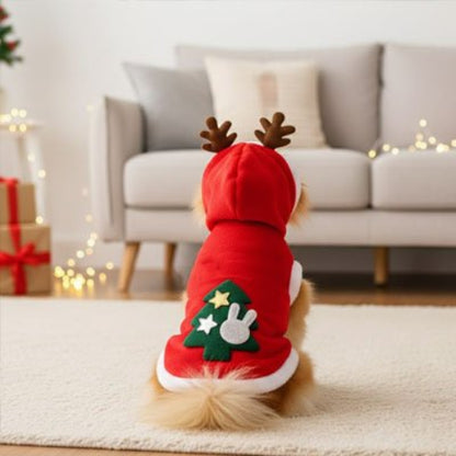 Déguisement Chien Père Noël Poméranien assis de dos montrant le motif sapin