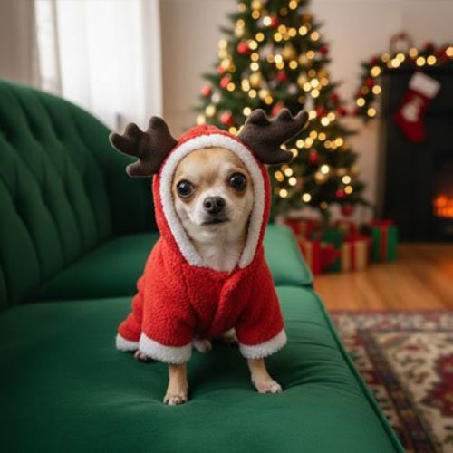 Déguisement Chien Renno Poménarien assis avec l'habit rouge
