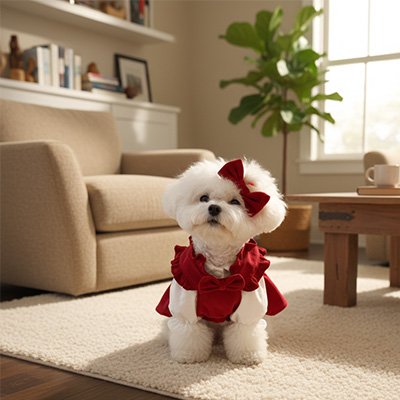 Déguisement chien Suzy Bichon blanc arborant la robe et le noeud sur la tête