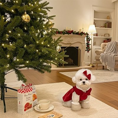 Déguisement chien Suzy Bichon blanc assis avec la robe près du sapin