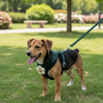 Harnais pour petit chien Flory Beagle avec le harnais vert debout sur le gazon dans un parc