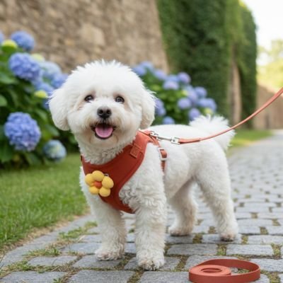 Harnais pour petit chien Flory caniche beige debout sur un sentier en pierre avec harnais orange