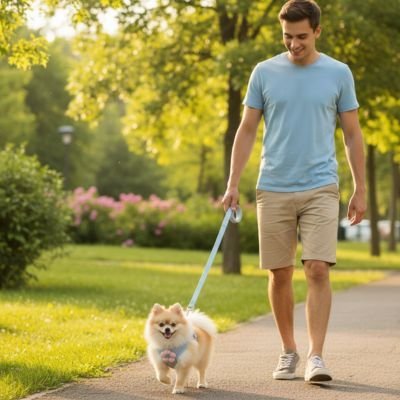 Harnais pour petit chien Flory Poménanien avec le harnais bleu marchant dans un parc avec son maître