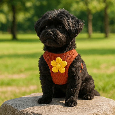 Harnais pour petit chien Flory Shih Tzu noir avec le harnais orange assis sur une roche dans un parc