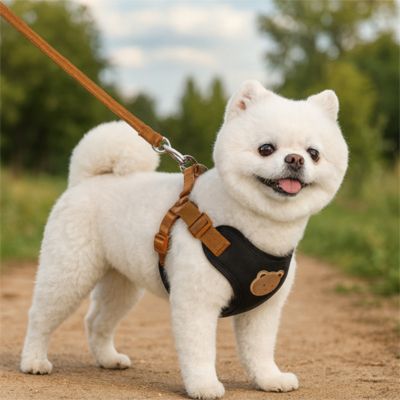 Harnais pour petit chien Ludo petit chien blanc avec le harnais noir