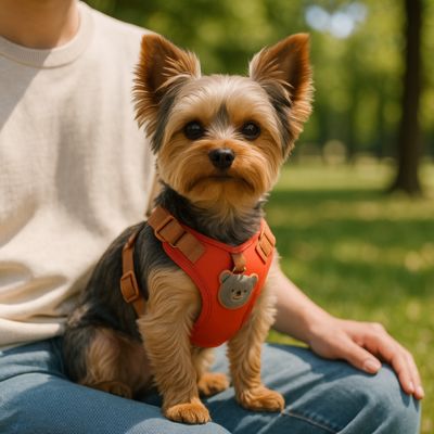 Harnais pour petit chien Ludo Yorkshire assis sur les cuisses de son maître avec le harnais rouge