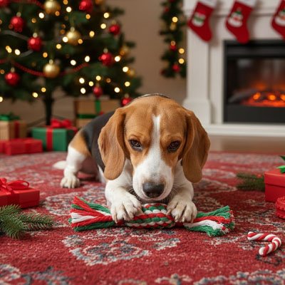 Jouet Chien indestructible Beagle jouant avec le Cracker de Noël