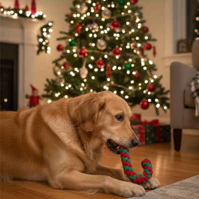 Jouet Chien indestructible Labrador jouant avec la canne de Noël