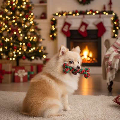 Jouet Chien indestructible Poméranien avec l'os de Noël dans sa gueule