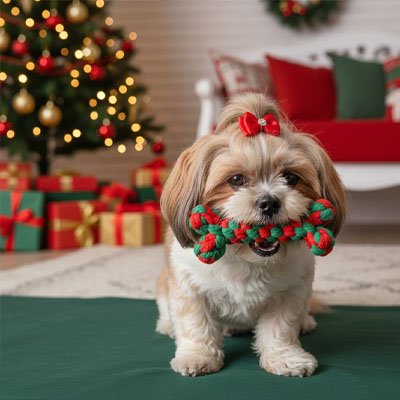 Jouet Chien indestructible Shih Tzu avec l'os de Noël dans sa gueule