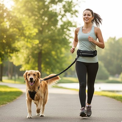 Laisse canicross Runner Maîtresse fait du jogging avec son Golden dans un parc