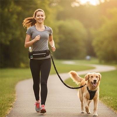 Laisse canicross Runner Maîtresse marche avec son Golden dans un parc