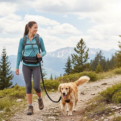 Laisse canicross Runner  Maîtresse marche sur un sentier en montagne avec son Golden