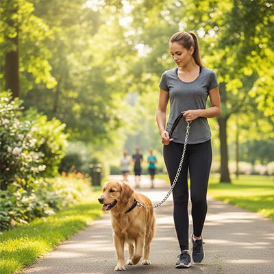 Laisse chien Cello Maîtresse marche dans un parc avec labrador