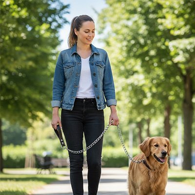 Laisse chien Cello Maîtresse se promène sur un sentier avec son labrador 