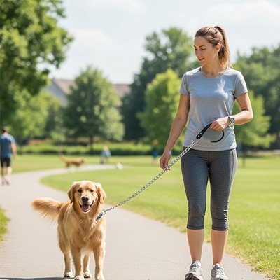 Laisse chien Cello Maîtresse se balade dans un parc avec son labrador 