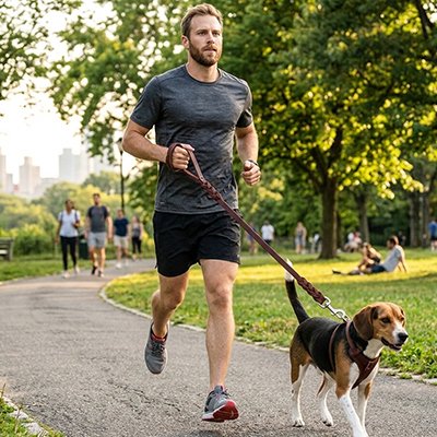 Laisse chien Scooby Maître courant avec son beagle dans un parc